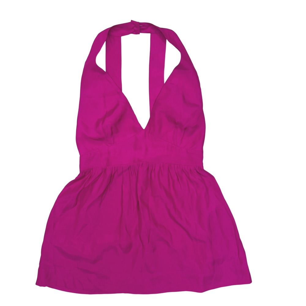 Amanda Uprichard 100% Silk Halter Top Small Fushia‎ Pink Babydoll Deep V Neck